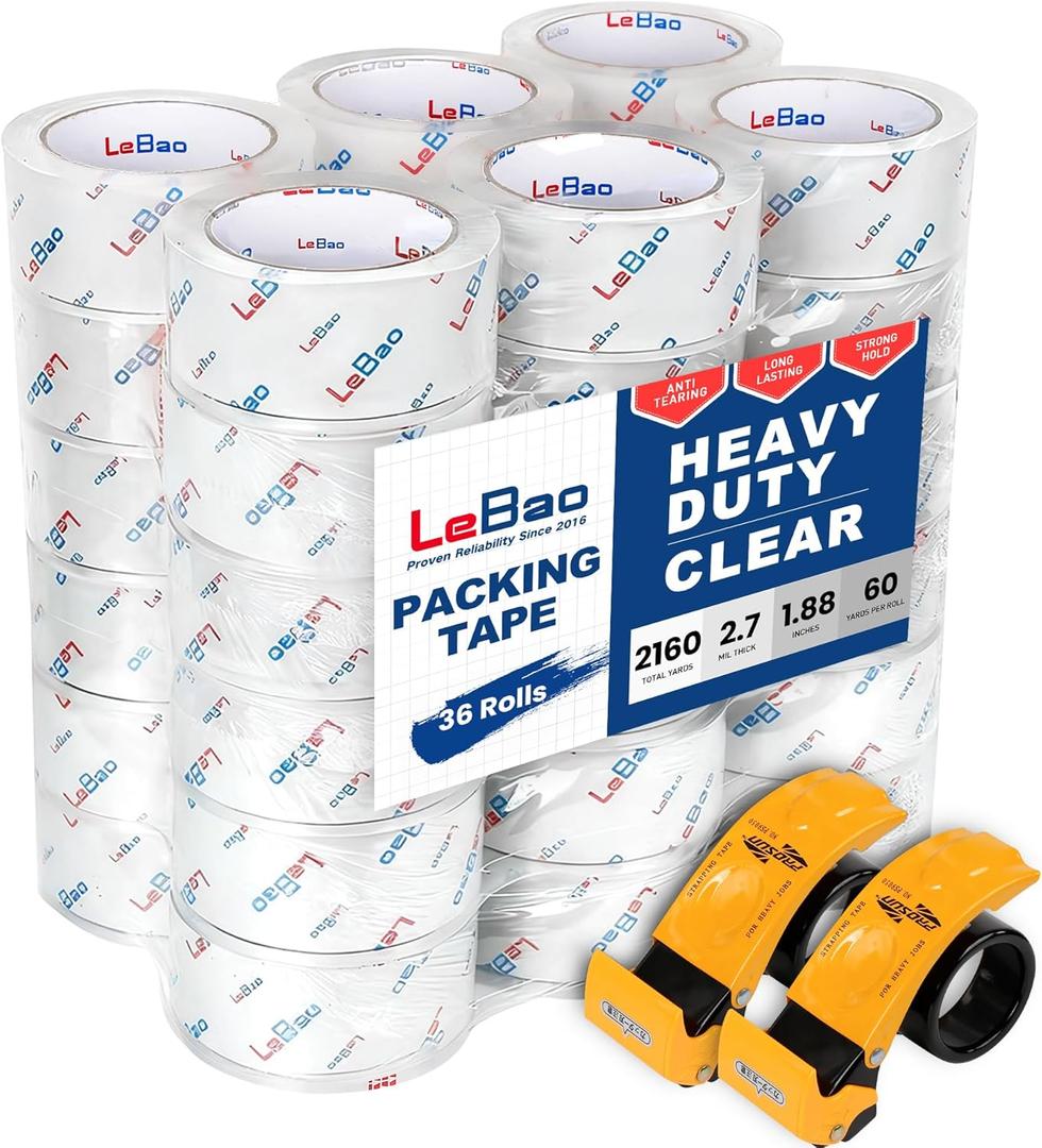 Heavy Duty Packing Tape with Dispenser, 36 Rolls x 1.88 in. x 60 yds. x 2.7 MiL, Strong Hold HD Clear Packaging Tape Secure Sealing for Cardboard, Bubble Wrap, Shipping Supplies, Total 2160 yds.