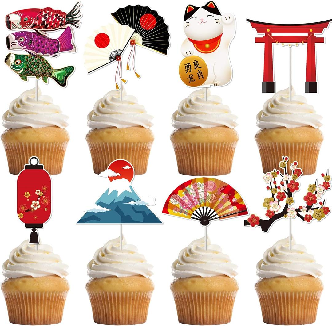 Hibachi Birthday Party Decorations - 40 Pcs Japanese Style Cupcake Toppers Set Cake Cupcakes Dessert Decor with Koinobori Plum Folding Fans Lanterns Asian Themed Supplies Favors for Girls