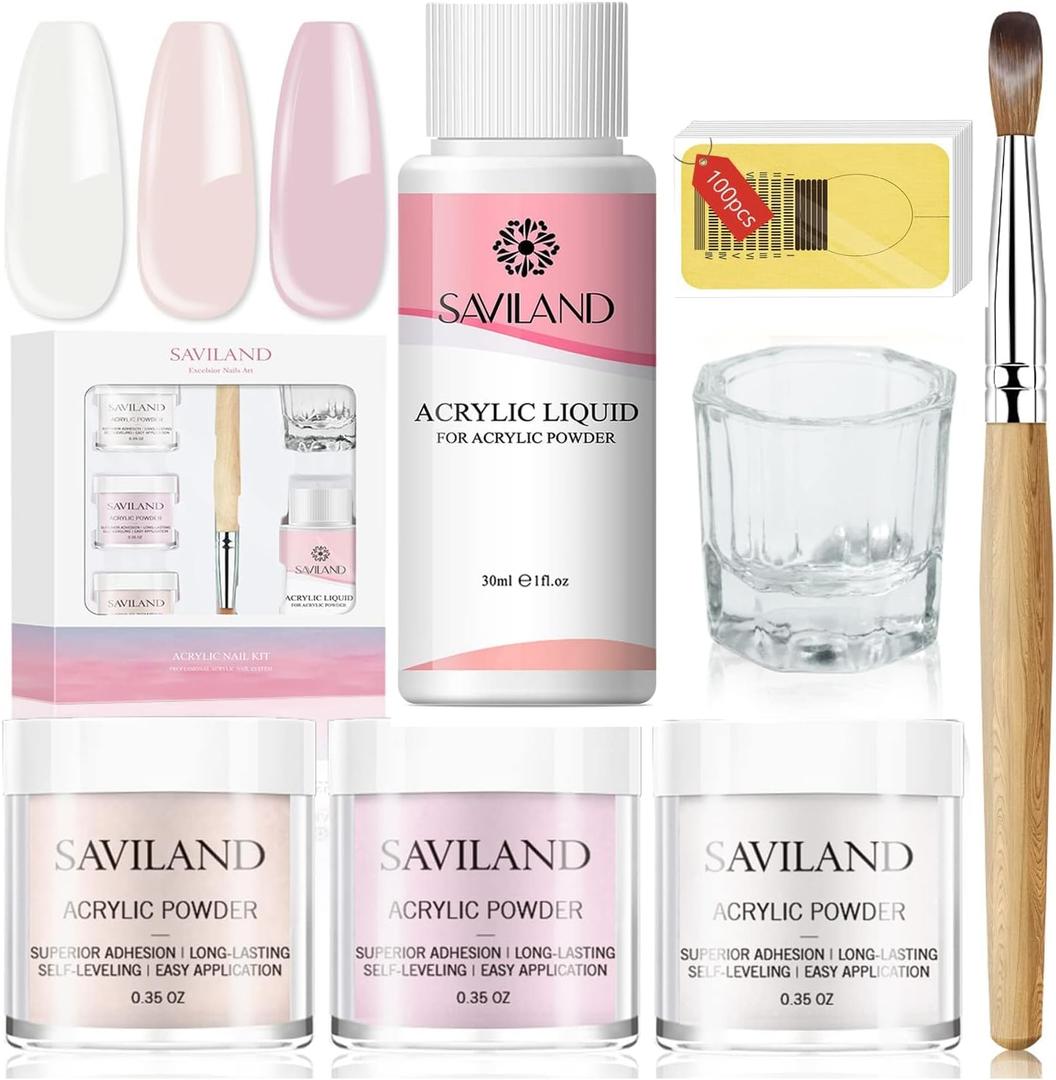 SAVILAND Acrylic Nail Kit - 3 Colors Clear/Pink/Nudes Acrylic Powder and Liquid Set with Monomer Acrylic Liquid, Acrylic Nail Brush and Nail Forms for Beginner