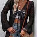 Women Crochet Cardigan Lightweight Tie Front Hollow Out Long Sleeves Summer Knit Cover Cardigans (Black, L)