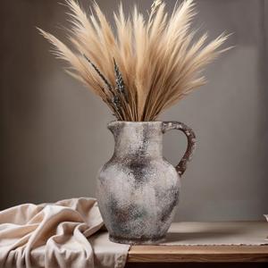 LUQKTES Rustic Ceramic Farmhouse Vase Home Decor with Handle, Vintage Pottery Terracotta Pampas Grass Vases for Dinning Table Centerpieces Kitchen Living Room Mantel Barn Entryway- 8 Inch