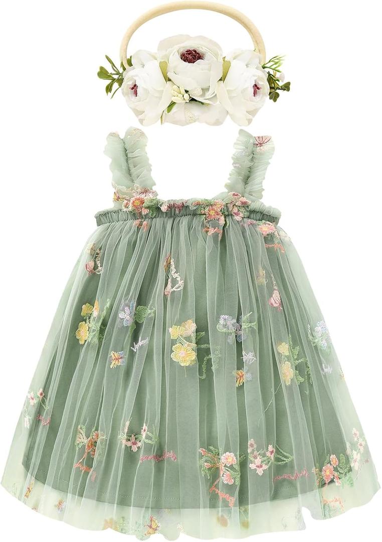 Toddler Baby Girl Tutu Dress Sleeveless Floral Print Tulle Dress Little Girl Princess Dresses with Flower Headband (Green), Size 12-18