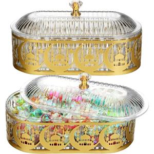 Willinglong 2 Pcs Ramadan Trays with Lid Eid Mubarak Gold Plates Dishes Table Decoration Muslim Islamic Serving Trays Metal Dessert Storage Container for Celebration (Ramadan Moon)