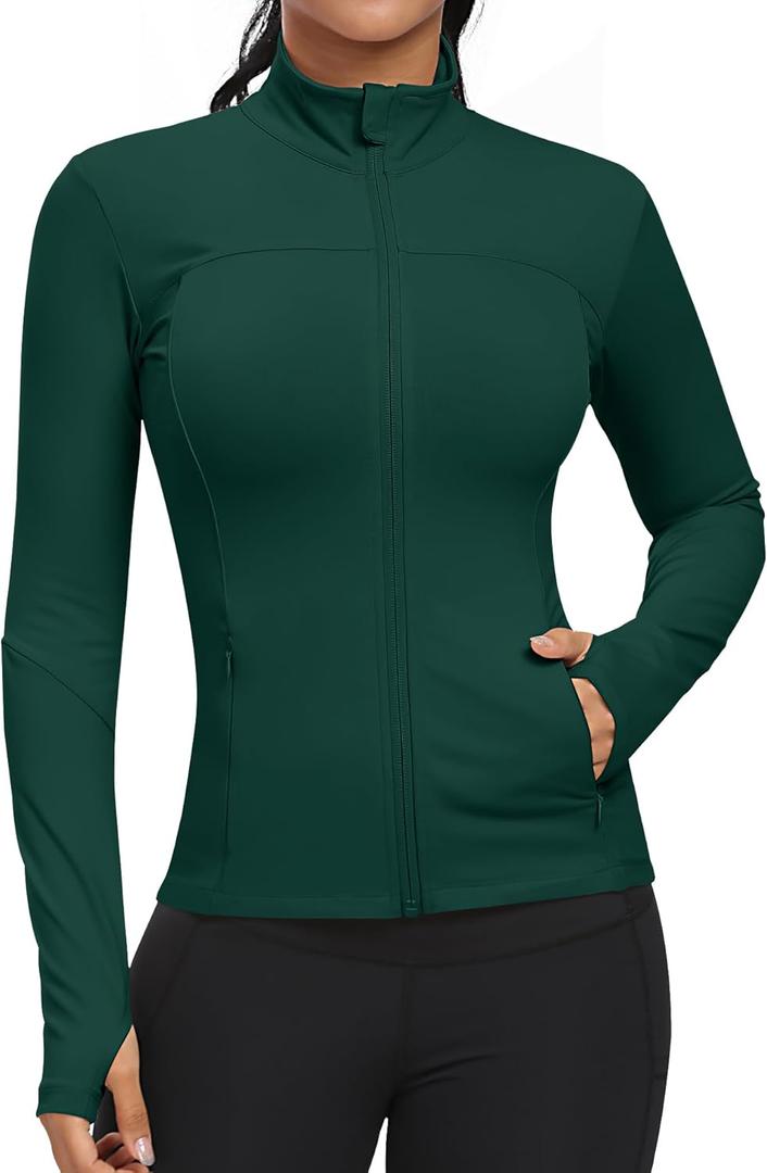 GYM RAINBOW Workout Jackets for Women, Full Zip Slim Fit Lightweight Athletic Running Sports Track Jacket with Pockets (Medium, Storm Tea)