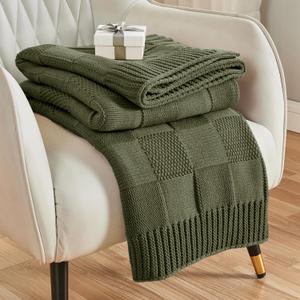 CozeCube Check Knit Throw Blanket, Olive Green Checkered Throw for Couch, Decorative Christmas Soft Cozy Warm Knitted Blanket for Bed Sofa Living Room, 50"X60" (50"X60", Burnt Olive)