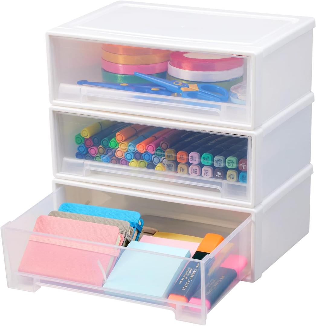 Small Plastic Storage Drawers, Pencil Drawer Organizer Stackable Container Bins for Desk Accessories, Stationery, Pens, Markers, Crayons, Art Craft Supplies, Makeup, Jewelry (White)