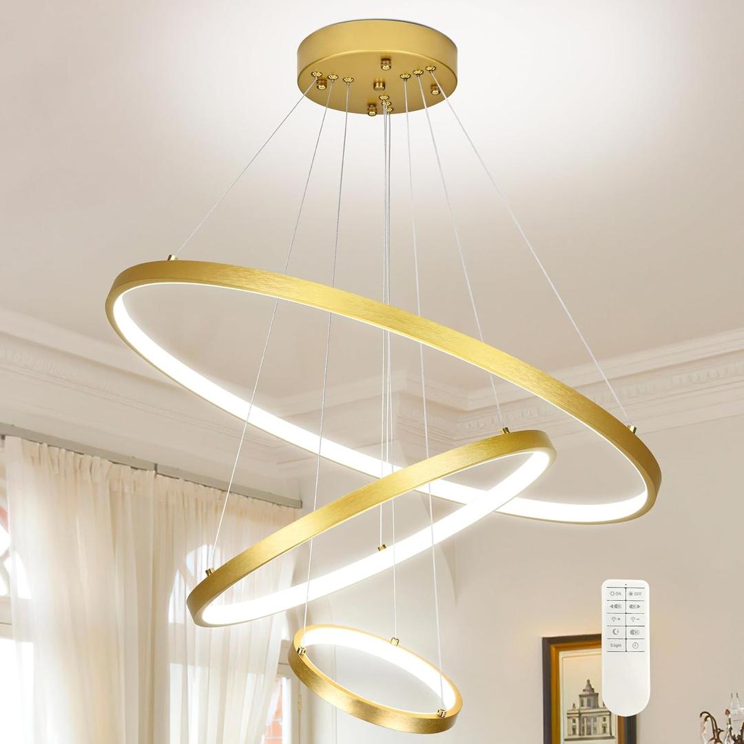 Gold LED Modern Chandelier, 3-Ring Pendant Light Fixture, Dimmable 3000K-6500K, Adjustable Hanging Ceiling Light Over Table for Dining Room, Kitchen Island, Living Room, Bedroom, Entryway