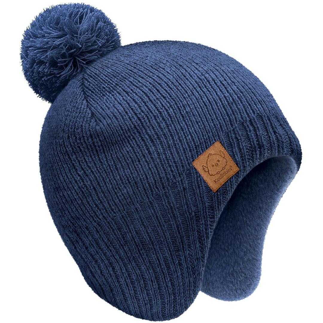 Baby Beanies, Baby Hats for Boys, Girls - Cute Toddler Winter Hat, Soft & Stretchy Beanies for Infant, Newborn 0-6 Months, Cozy & Warm with Earflap Muff & Pom (Navy, S)