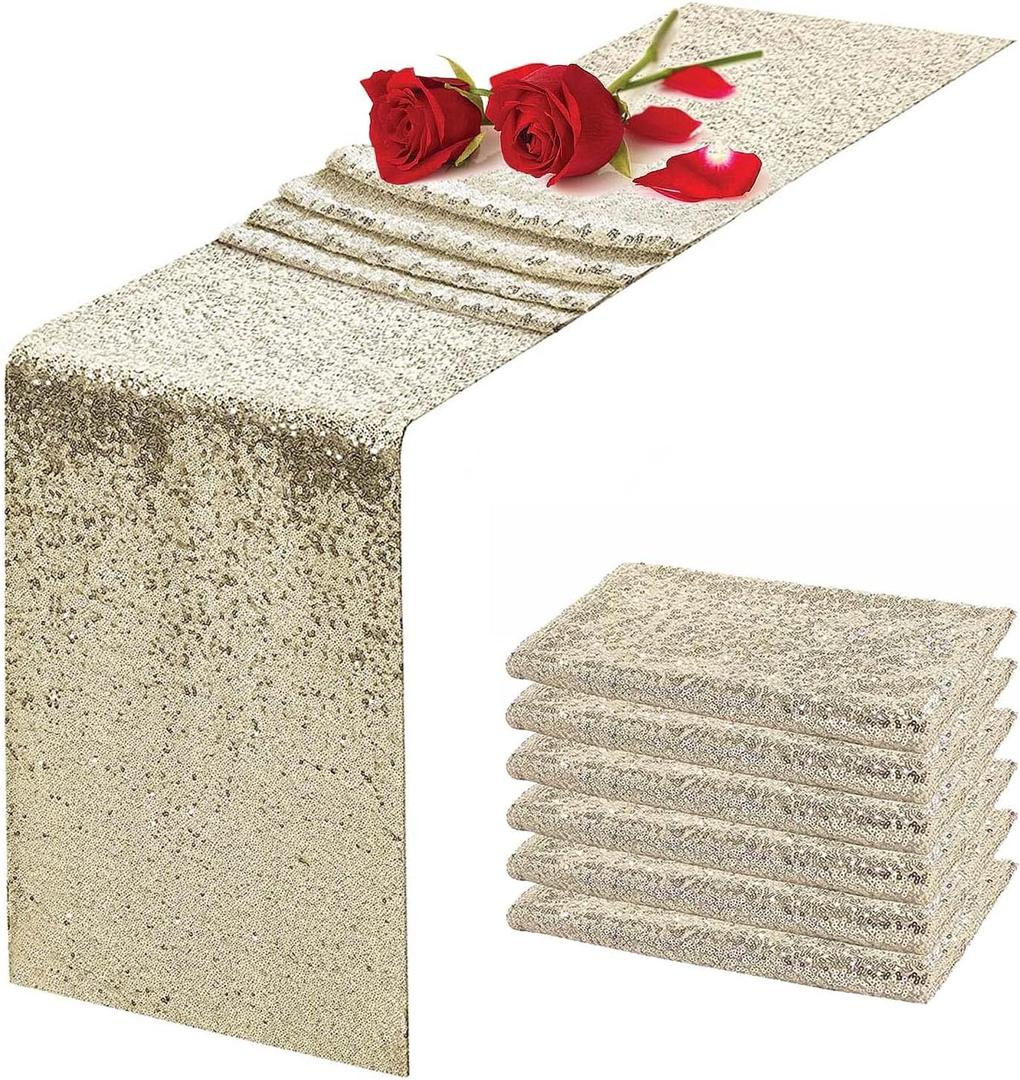 Champagne Sequin Table Runner 12" x 108" Pack of 6 Glitter Table Runner Metallic Sparkle Table Linen Runner for Baby Shower Wedding Birthday Party Event