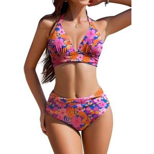 AI'MAGE Women High Waisted Bikini Sets Tummy Control Swimsuits Two Piece Swim Suits 2025 V-Neck Halter Ruched Bathing Suits Size 2XL
