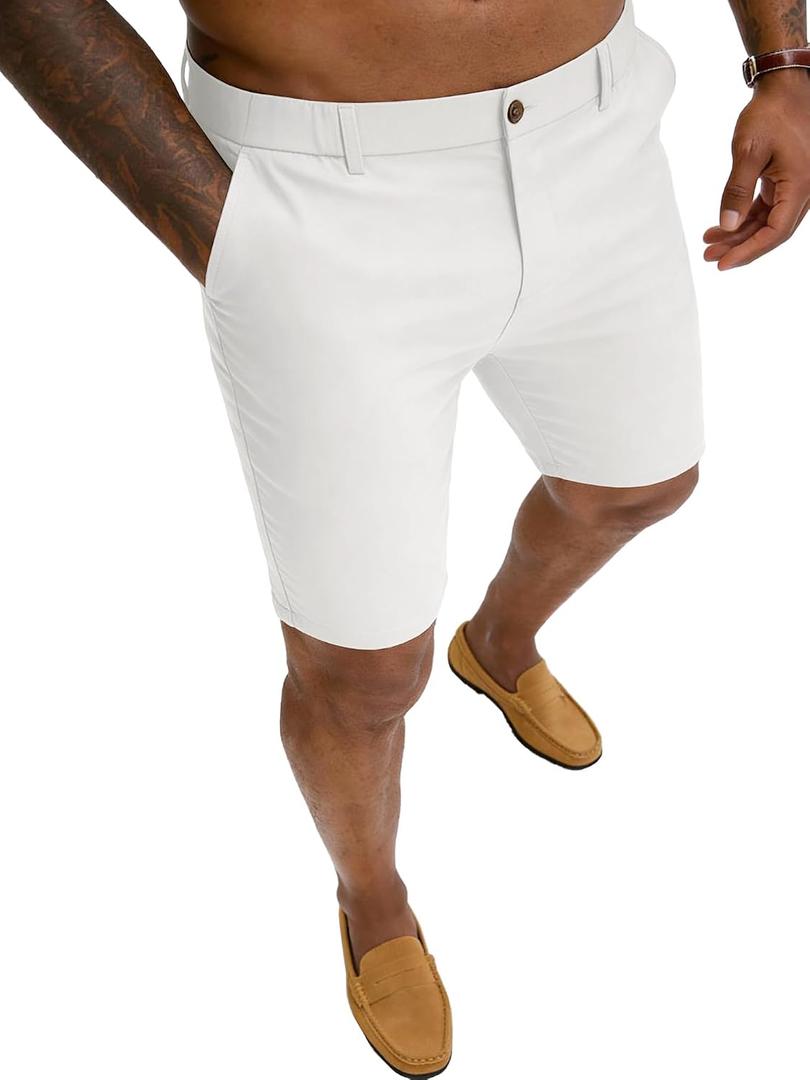 PLEPAN Men's Slim Fit Stretch Dress Shorts 7" Lightweight Skinny Casual with Expandable Waist Summer Shorts (White, M)