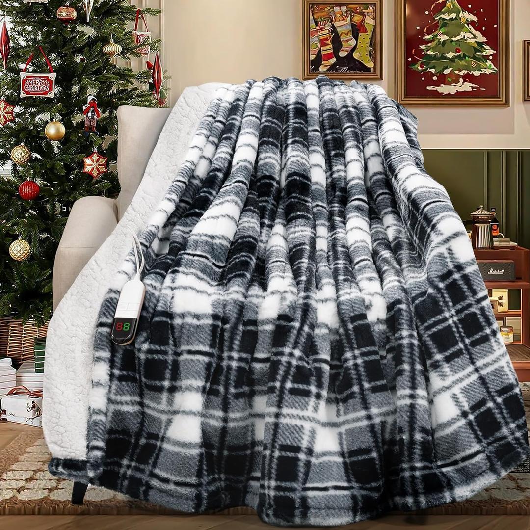 MAXEVE Faux Fur Heated Electric Blanket, 50"x60" Fast Heating Warming Throw Blankets with 8 Heating Levels & 8 Hours Auto Off with Over-Heat Protection & ETL Certified, Plaid Black