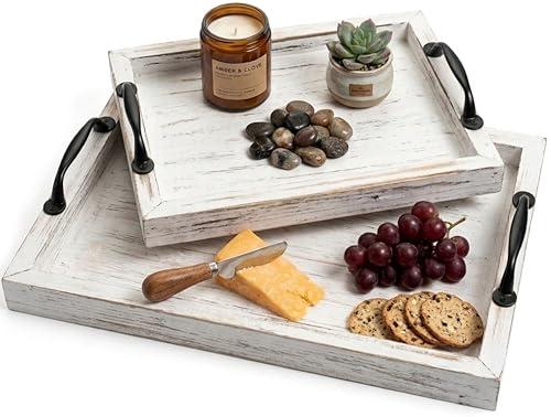 Rustic Serving Tray with Handles - 2 Nesting Trays for Serving Food - Wooden Tray for Decor, Coffee Table & Ottoman - Large Serving Tray with Distressed White Finish to Complement Any Decor