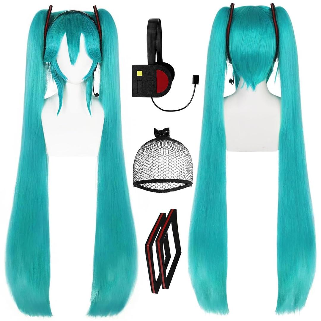 4Pcs 47inch Long Green Cosplay Wig Headphone and Hair Accessories Teal Straight Synthetic Anime Wigs with Double Ponytail for Women Costume Green Wigs for Halloween Costume Outfit + Hair Cap