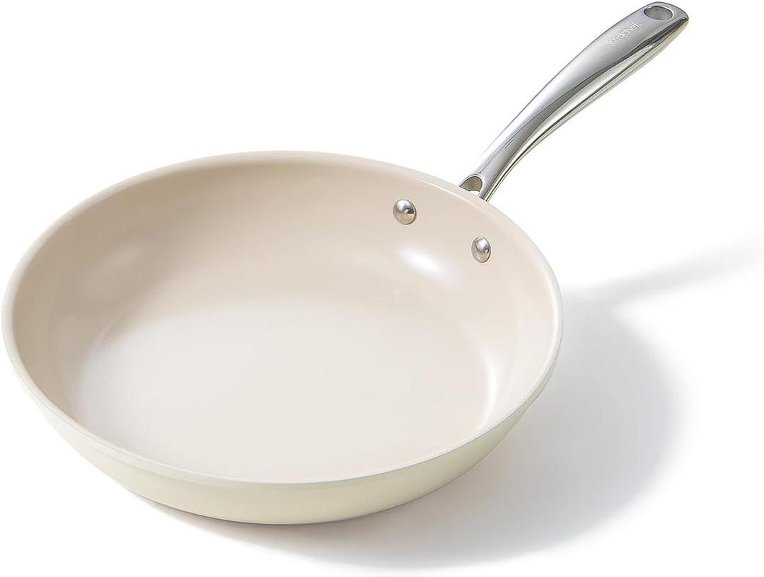Redchef Nonstick Frying Pan Skillet, Ceramic Non-Stick Saute Pans, 9.5 inch Cooking Fry Pan with Stay Cool Handle, All Stovetops (Gas, Electric & Induction), Dishwasher/Oven Safe, PFAS-Free, Non Toxic (Beige White)