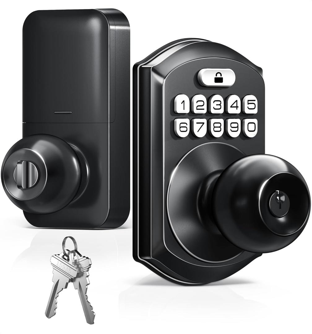 TEEHO TE003 Keyless Entry Keypad Door Lock with Handle, Electronic Digital Smart Locks for Front Door, Smart Door Knob with Code for Bedroom, Auto Lock, Passage Mode, Easy to Install, Matte Black
