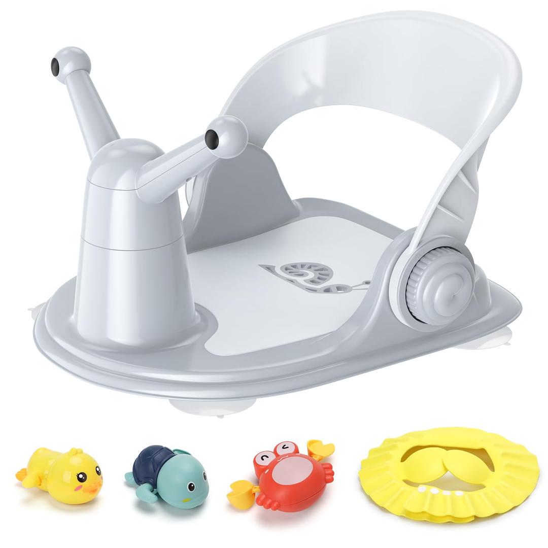 Baby Bath Seat for Babies 6 Months & Up - Foldable Bath Seats for Babies Sitting Up, Bathtub Seat for Baby 6-12 Months, Free 3 Baby Bath Toys, Open Design, 4 Safety Suction Cups, Grey