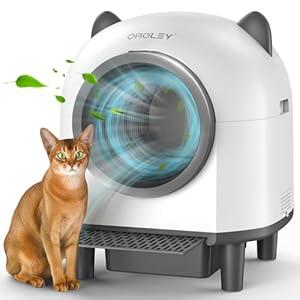 OROLEY Self Cleaning Litter Box, Automatic Litter Box, Odor Control Robot, Cat Ears Design, 96L APP Real-Time Monitor, Cat Litter-Boxs for Multiple Cats, Infrared Safety Sensor, with 1 Trash Bag，White