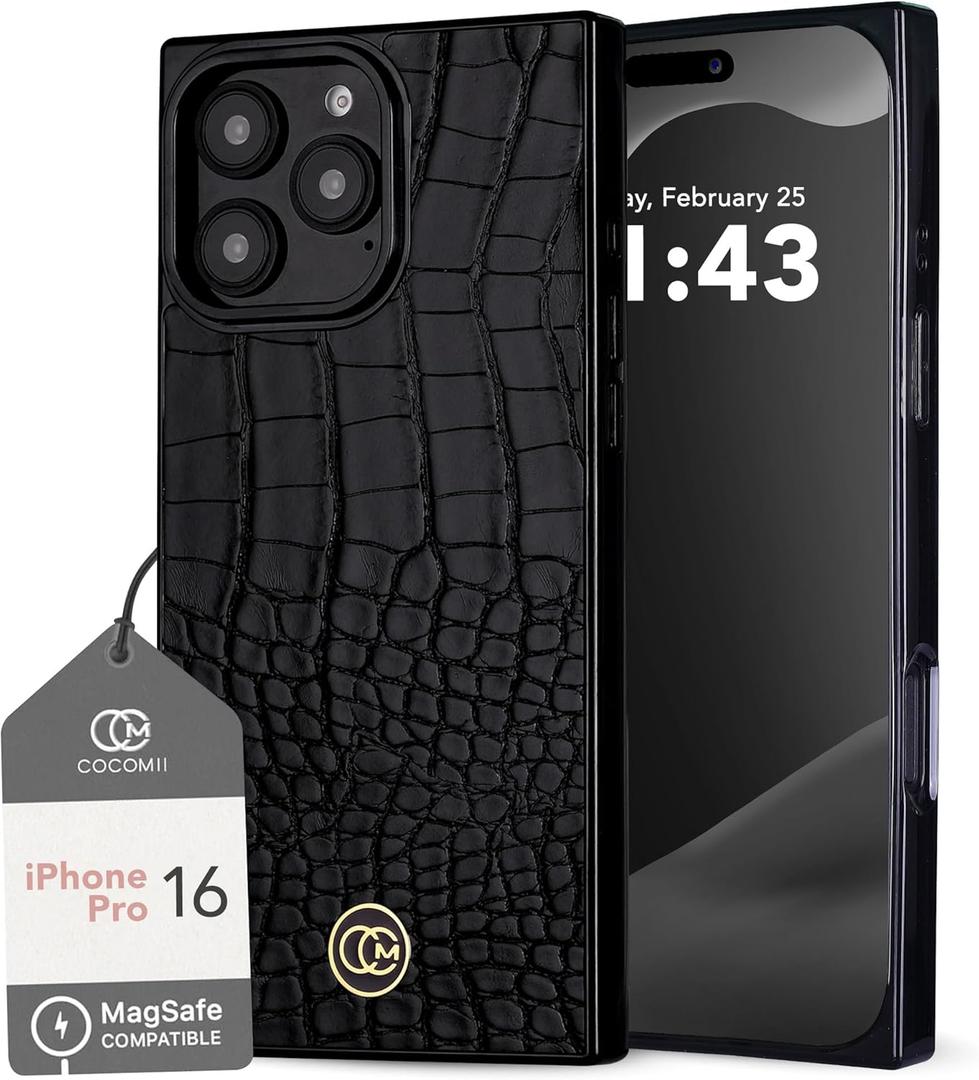COCOMII Rectangle Case for iPhone 16 Pro, Compatible with MagSafe, Black Crocodile Leather
