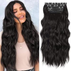 ALXNAN Clip in Long Wavy Synthetic Hair Extension 24 Inch Natural Black 4PCS Thick Hairpieces Fiber Double Weft Hair for Women