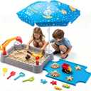 Excavator Sandbox for Kids with Lid and Umbrella, Working Digger, Dump Truck and 8 Sand Toys, Outdoor Construction Playset for Backyard and Beach, Ages 3+
