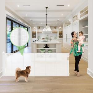 Reinforced 120 Inch Extra Long Retractable Baby & Dog Gate with Support Rods Prevents Crawling Under, 10 Ft Wide for Large Openings, Indoor/Outdoor Gate, White