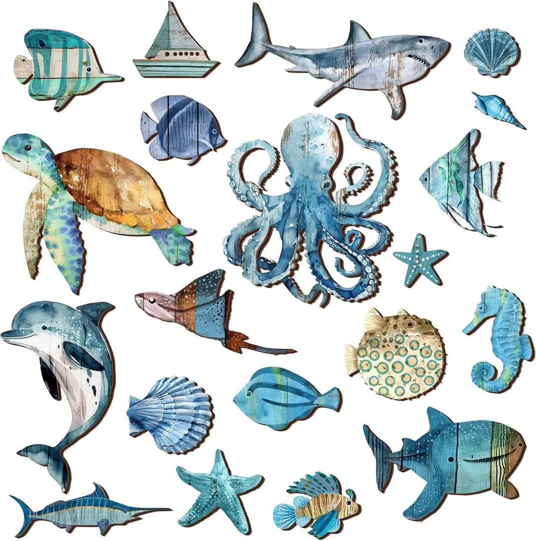 Wesiti 20 Pcs Wooden Fish Wall Decor Beach Decoration Coastal Wall Art Nautical Fish Turtle Seahorse Ocean Walls Art Sea Life Themed Beach Decor for Home Vintage Ornament for Home Bedroom Decoration
