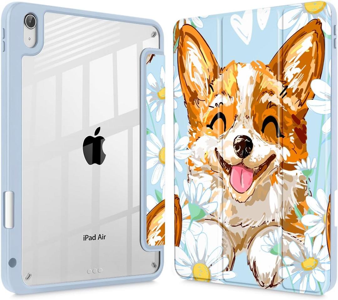 Case for iPad Air 11'' (M3 2025/M2 2024) 6th Gen/iPad Air 10.9'' 2022 2020 Air 5th /4th Gen, Buit in Pencil Holder with Shockproof Cover Clear Transparent Back Auto Wake/Sleep, Cute Corgi Dog