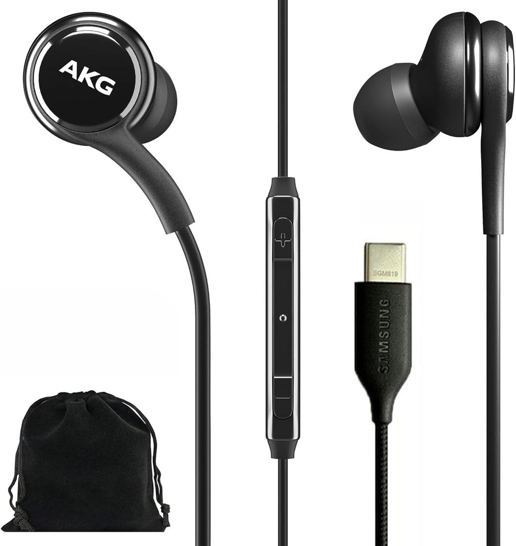 SAMSUNG AKG Earbuds Original USB Type C inEar Earbud Headphones with Remote & Mic for Galaxy A53 5G, S22, S21 FE, S20 Ultra, Note 10, Note 10+, S10 Plus  Braided  includes Velvet Pouch  Black