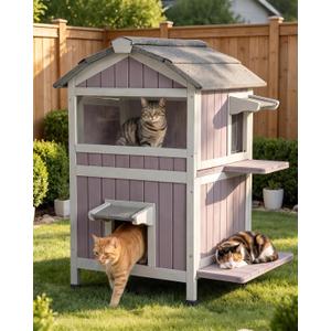 Cat House Outdoor Feral Cat Enclosure, Weatherproof Warm Kitty Shelter with Large Balcony, Escape Doors, Two-story-V, 17.7"D x 25.4"W x 31.4"H