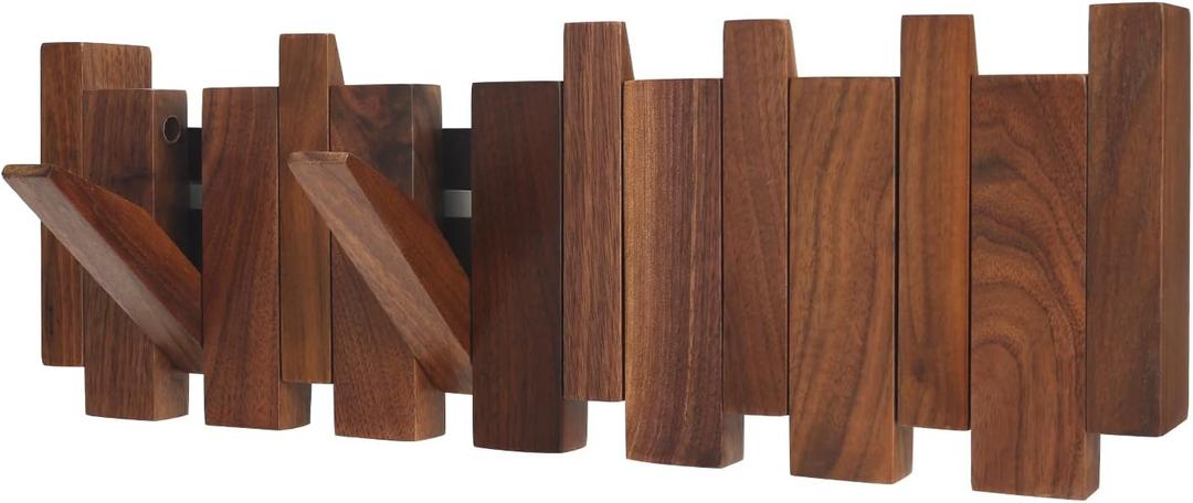 Natural Wood Wall Piano Coat Rack | Handmade Wooden Coat Rack | 6 Magnetic Flip Hooks | Made of Walnut Wood, Wall Art Hooks