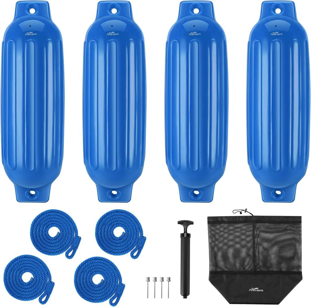 Affordura Boat Fender 4 Pack Boat Bumpers Fenders with 4 Ropes, Boat Bumpers for Pontoon Boat Fenders Inflatable (8.5 inch, Blue)
