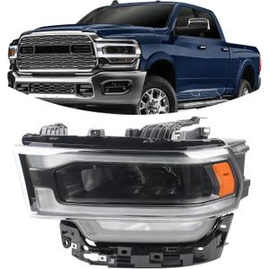 LH LED Black Interior Headlight Assembly Compatible with 2019-2024 Dodge Ram 2500 3500 Headlamp W/LED Daytime Running Light DRL Left Driver Side 68360181AC