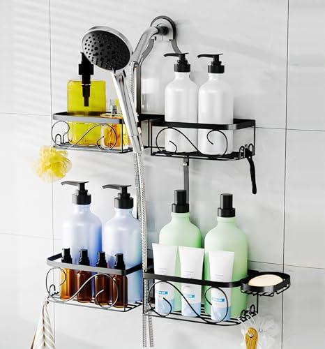 Kadolina Shower Caddy Hanging for Handheld Showerheads, Rustproof Stainless Steel Shower Organizer, Large-Capacity Bathroom Organizer Rack with Soap Dish and Hooks for Razor/Sponge, Black