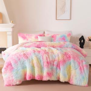 Faux Fur Fluffy Bedding Set Queen Size 3 Pieces Pink Rainbow Plush Shaggy Girls Comforter Set Tie Dye Furry Warm Kids Bedding with Pillowcases (Rainbow, Full/Queen)