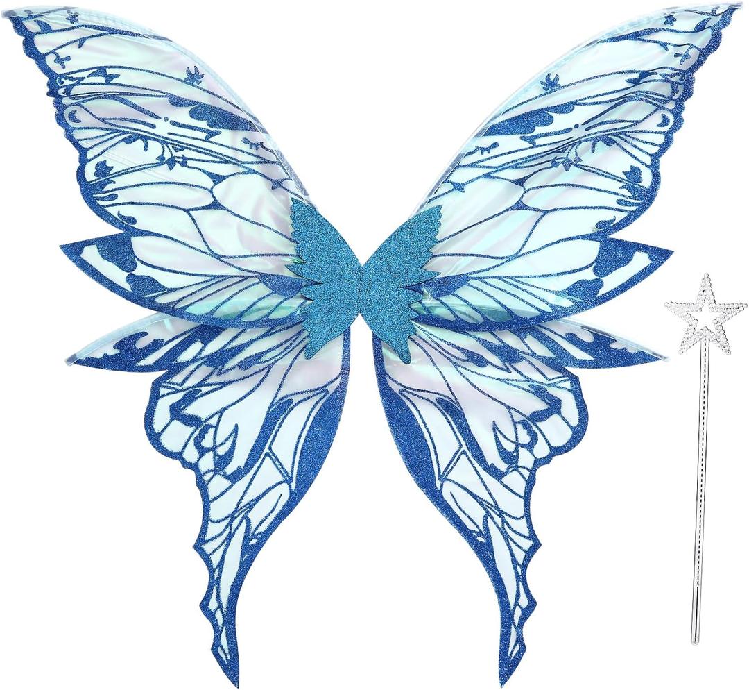 Fairy Wings for Adults Women 31.5"x29.5" Fairy Costume Set Large Butterfly Wings for Halloween Party (Blue)