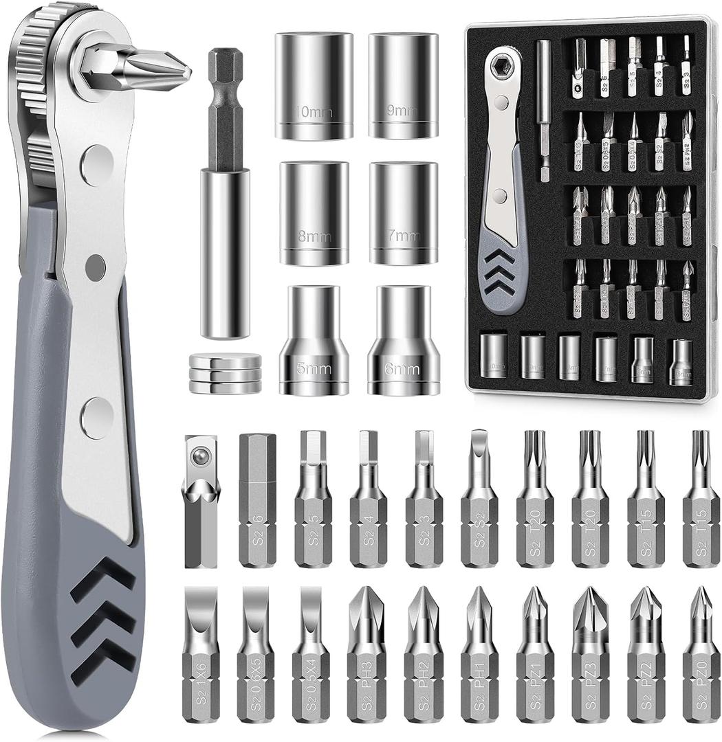 TUXIYA 30in1 Right Angle Screwdriver, 36-Tooth Mini Ratchet Wrench, Angle Screwdriver for Tight Spaces, Low Profile Offset screwdrivers, Magnetic Ratchet Screwdrivers Repair Tool
