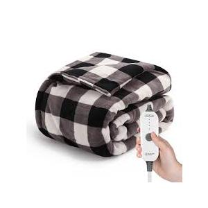 Sunbeam Heated Microplush Buffalo Plaid Throw Blanket - Black/White, 1 ct
