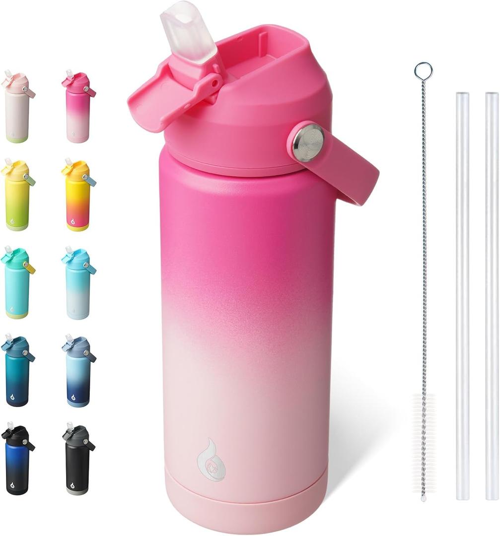 BJPKPK Insulated Water Bottle with Straw Lid, 18oz Thermo Water Bottles with Soft Nozzle, Flex Handle & Non-slip Boot, BPA Free Leak Proof Stainless Steel Metal Thermo, Tumblers, Cups, Cherry