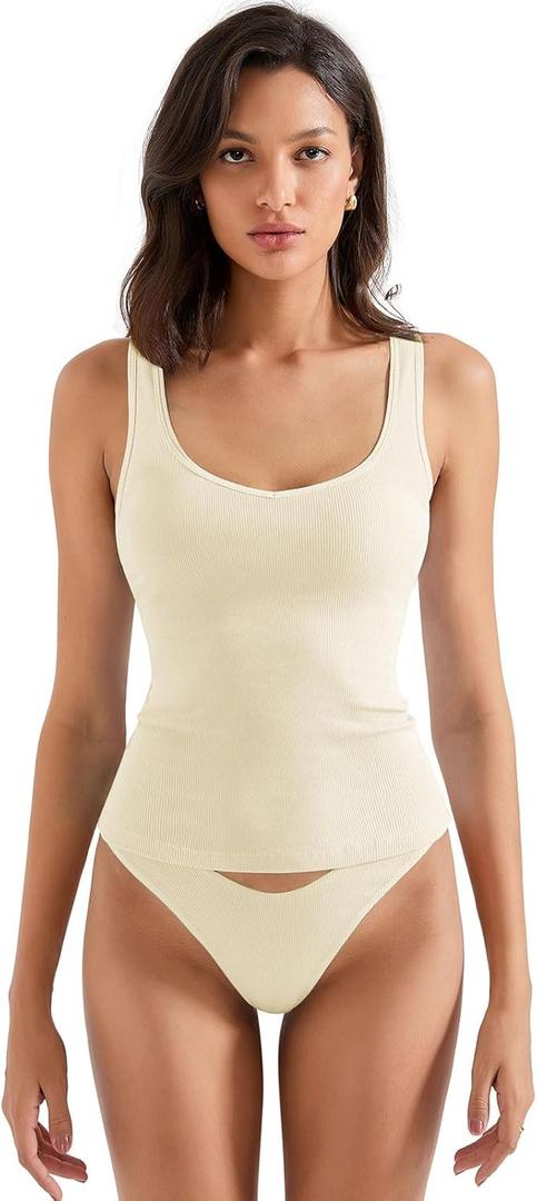 SUUKSESS Women Cotton Ribbed Built in Bra Tank Tops Shirts Summer Casual Basic Backless Going Out Tops (White,S) 