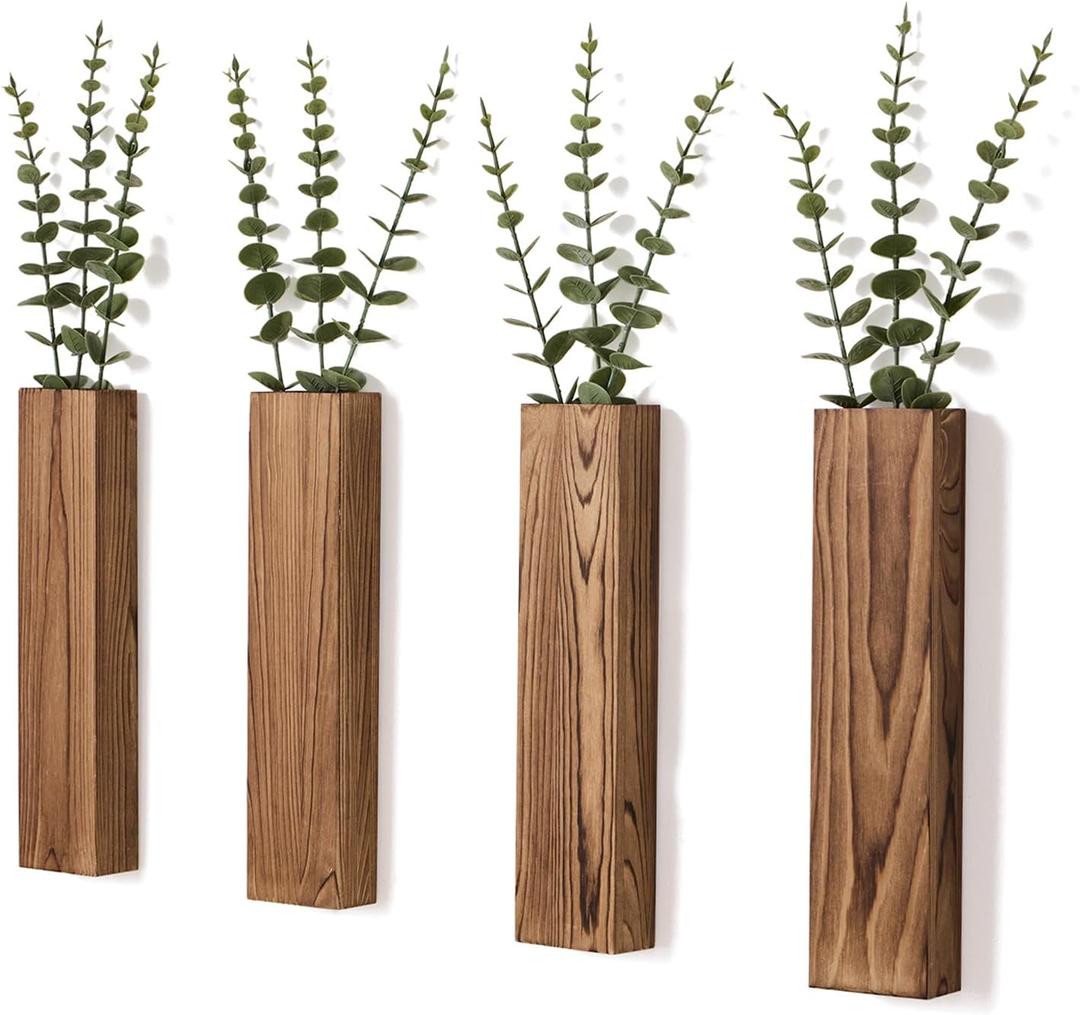 Mokof 4 Pack Wooden Wall Planters with Fake Eucalyptus Stems, Modern Farmhouse Wood Vases Plants Wall Decor for Living Room, Bedroom, Bathroom (Dark Brown)
