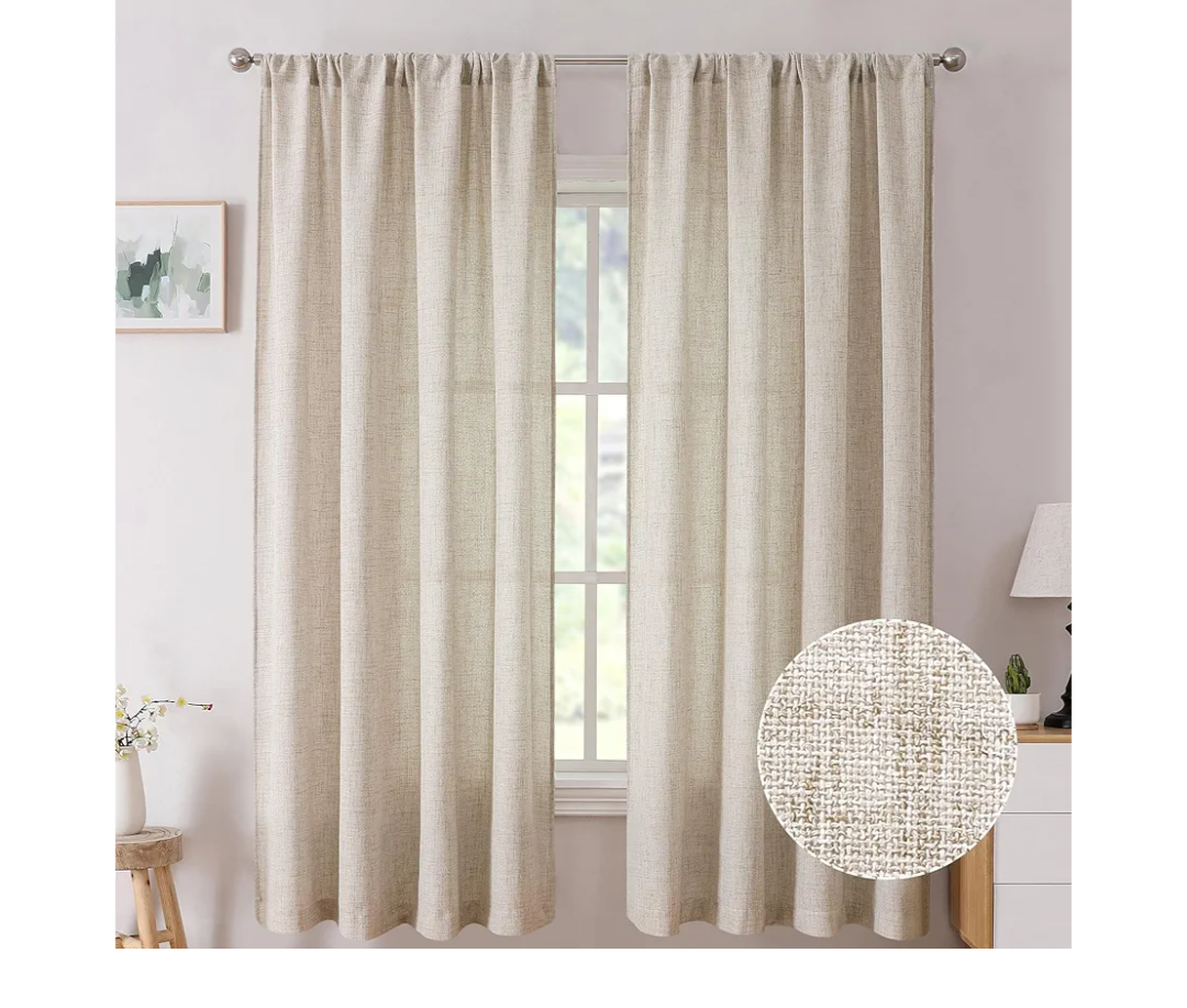 Tollpiz Short Linen Curtains Bedroom Rod Pocket Semi Sheer Curtain Burlap Light Filtering Thick Linen Drapes for Living Room Long, Natural, Set of 2 Panels, 35"W x 54"L