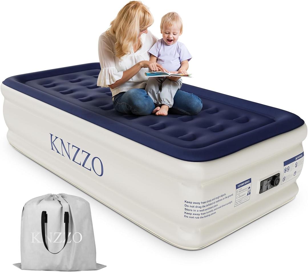 KNZZO Air Mattress Twin with Built-in Pump, Blow Up Mattress with Soft Flocked Top, Leakproof Inflatable Mattress, Foldable Waterproof Air Bed for Home, Guests, Camping, with Storage Bag