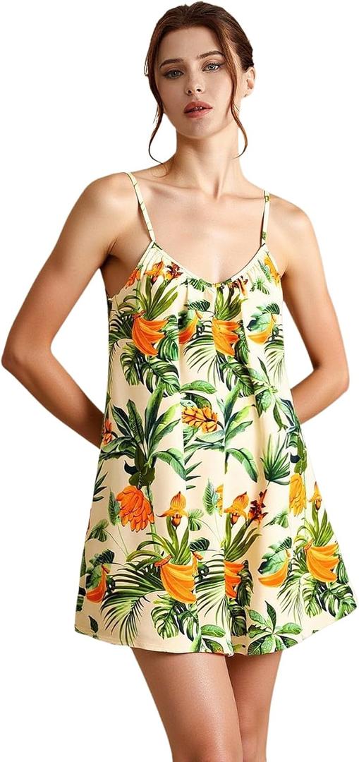 Women's Tropical Print Tie Backless V Neck Jumpsuit Sleeveless Wide Leg Short Rompers (M)