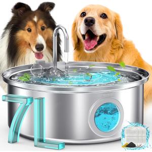 oneisall Dog Water Fountain, 7L/230oz/1.8G Quiet Dog Fountain Water Bowl, Stainless Steel Dog Water Fountain with Visual Water Level&Triple Filtration for Large Medium Small Breed Dogs Pets
