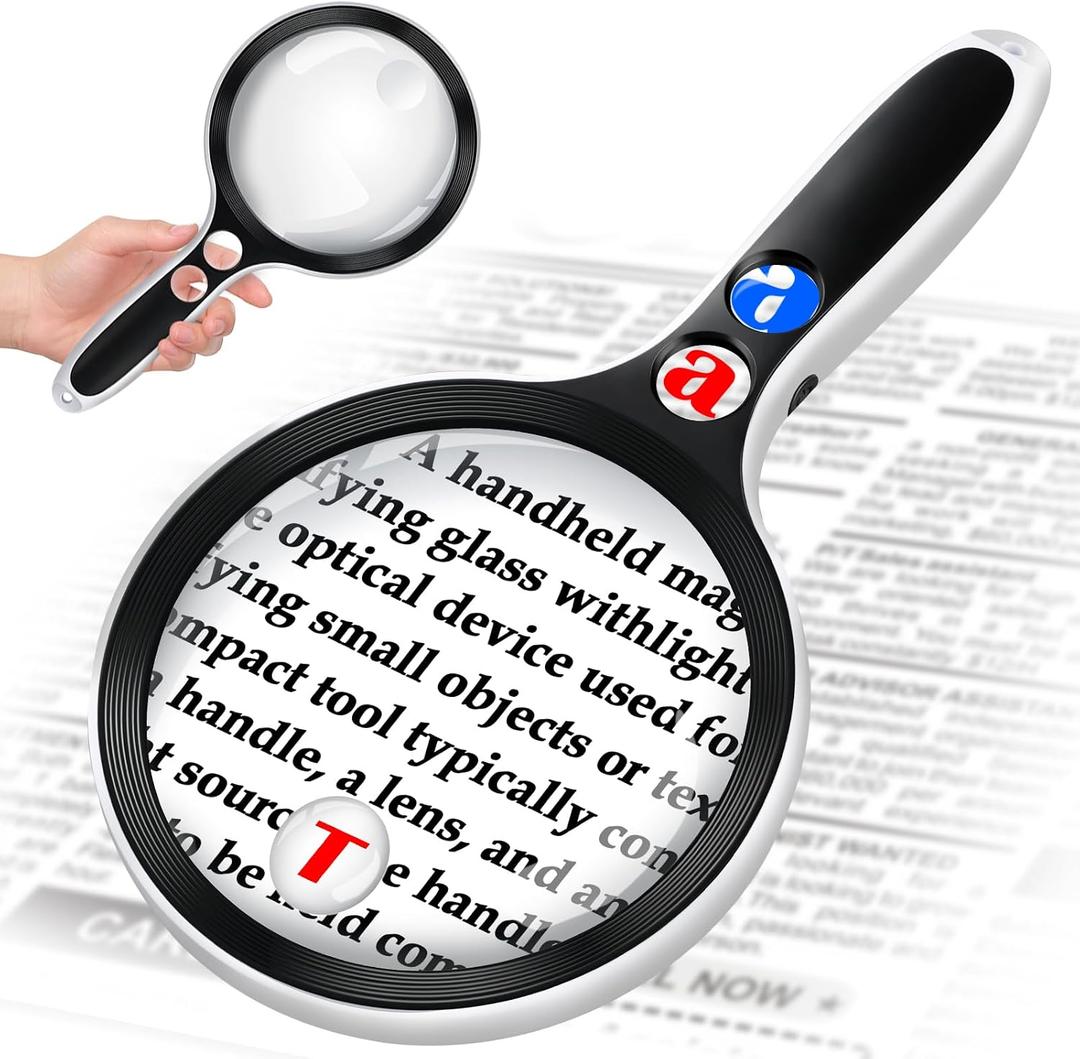 Large Magnifying Glass with Lights,10X 25X 45X 60X Handheld Lighted Magnifier, 5in Page Magnifier LED Lights, Magnifying Glass for Reading Small Prints & Low Vision Seniors with Aging Eyes