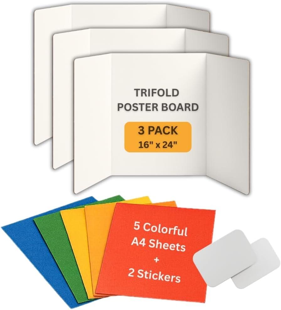 Trifold Poster Board 16"x24" 3 Pack Corrugated Display Board with Bonus 5 Colored A4 Sheets & Label, White Front Kraft Back Perfect for School Projects, Business Presentations, Science Fairs (White)