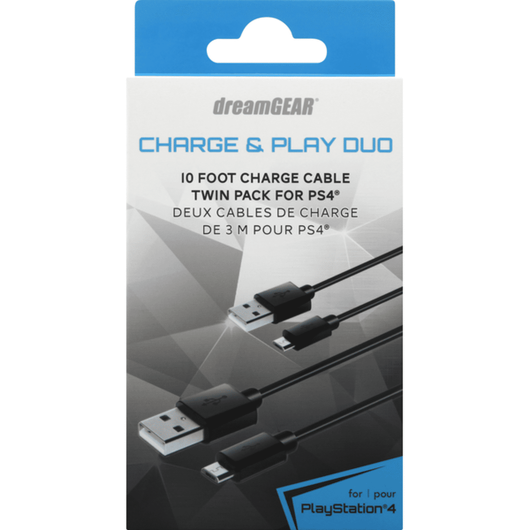 10 Foot Charge Cable DreamGEAR PS4 Charge And Play Cable - 10-Foot Long Charging Cord For DualShock 4 Controller Gaming Accessory Cable, 2 Pack