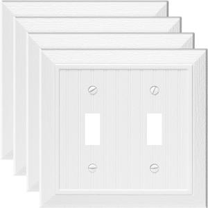 Modern Decorative Wall Plate Switch Plate Outlet Cover, Vintage Retro Wood Grain Design(Double Duplex-4 Pack, White)