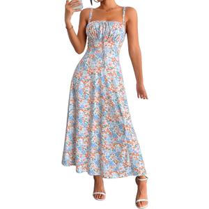 YATHON Women's Summer Midi Corset Boho Dresses Fall Casual Floral Spaghetti Straps Lace Up Dress Flowy Aline Beach Sundress (Medium)